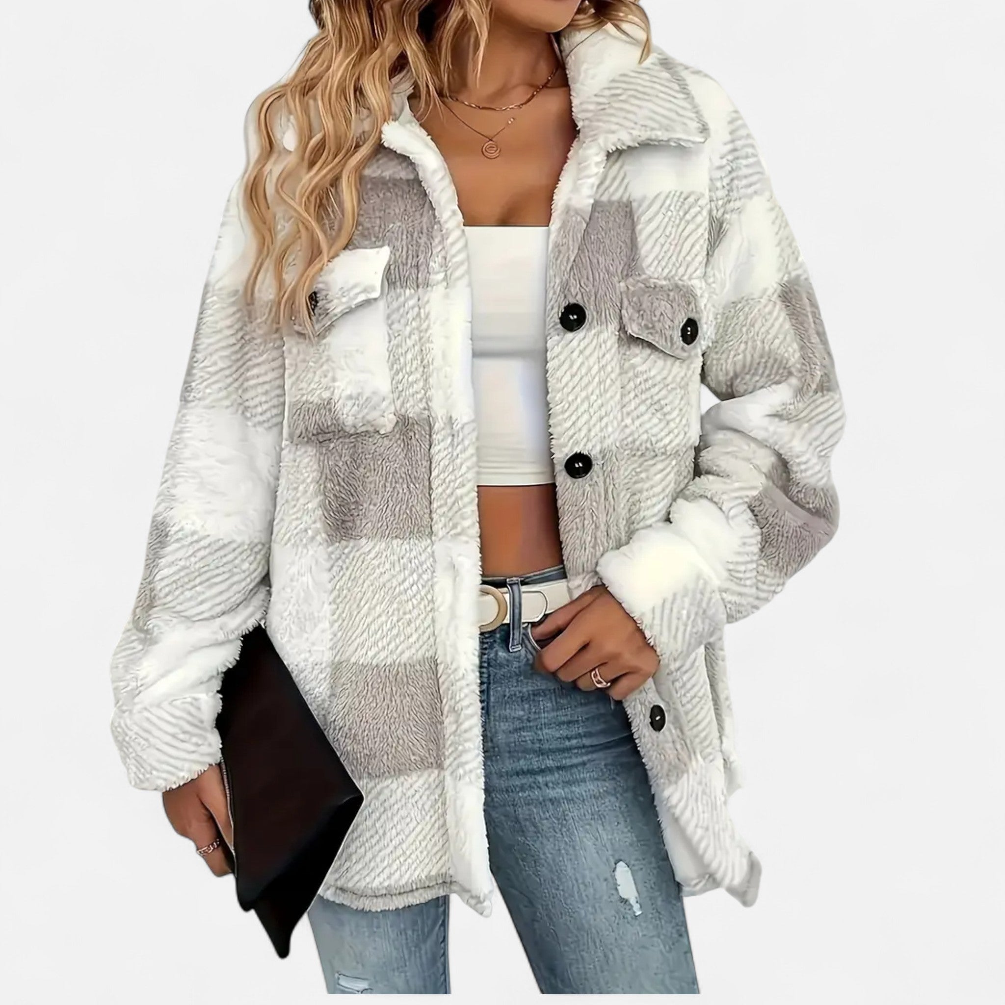 Womens Jacket Sherpa Plush Check Cosy Relaxed – Rae