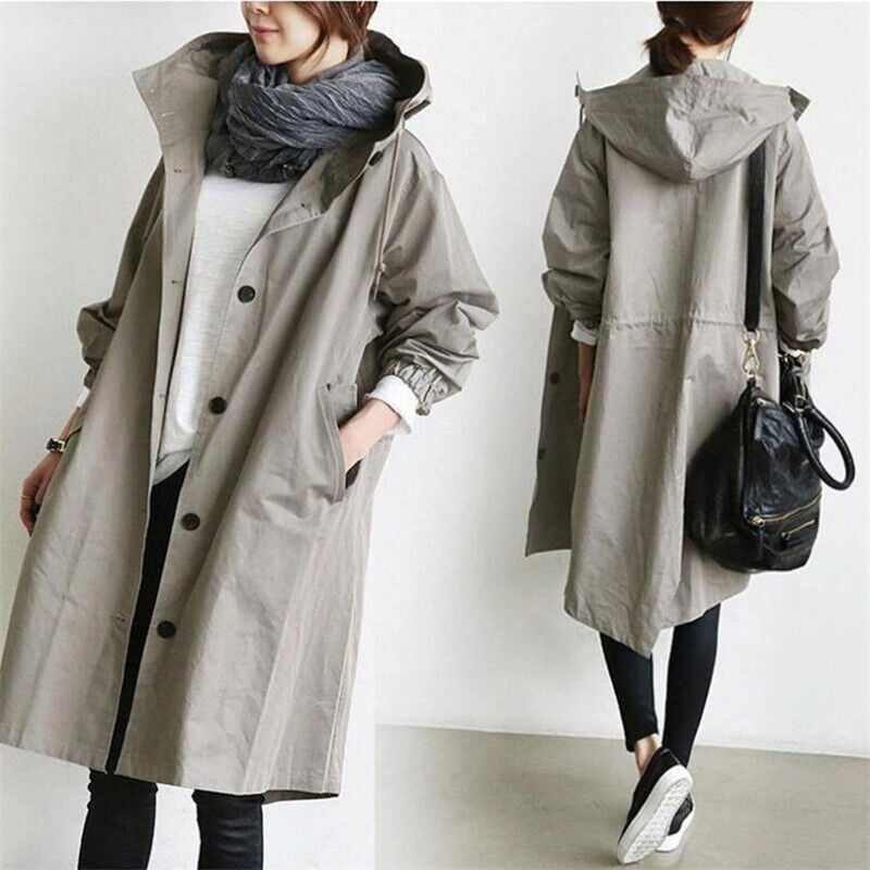 Womens Coat Trench Waterproof Rain Hooded Classic in Grey – Petra