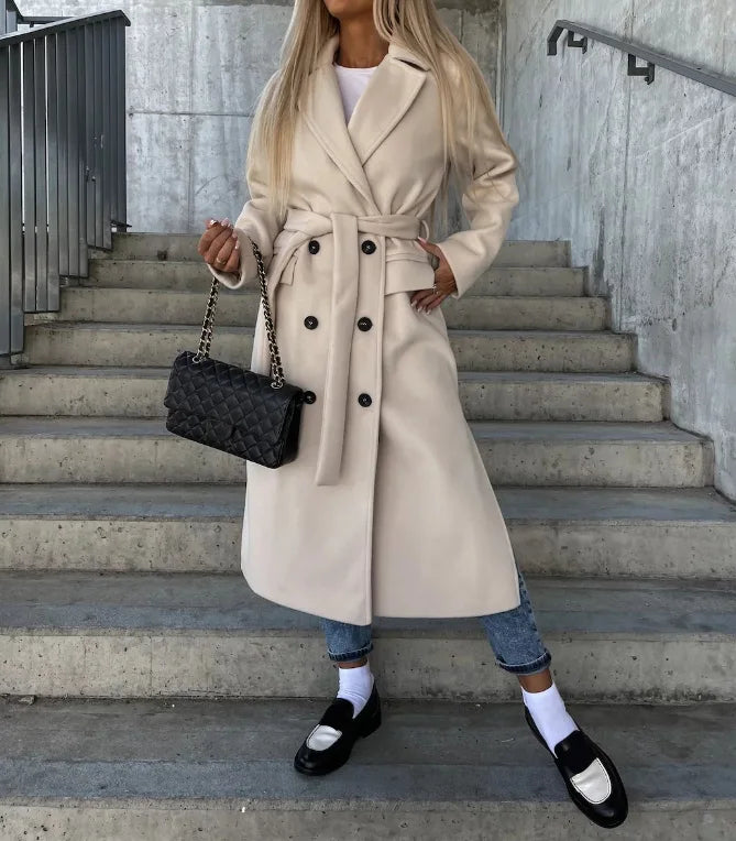 Womens Coat Wool Double-Breasted Long Elegant in Beige – Nia