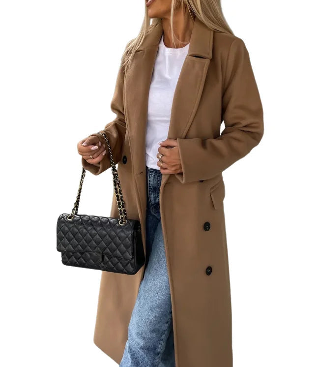 Womens Coat Wool Double-Breasted Long Elegant in Beige – Nia