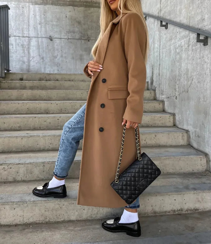 Womens Coat Wool Double-Breasted Long Elegant in Beige – Nia