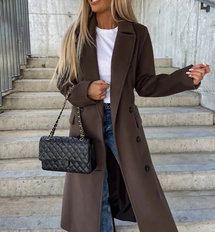 Womens Coat Wool Double-Breasted Long Elegant in Beige – Nia