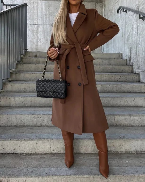 Womens Coat Wool Double-Breasted Long Elegant in Beige – Nia