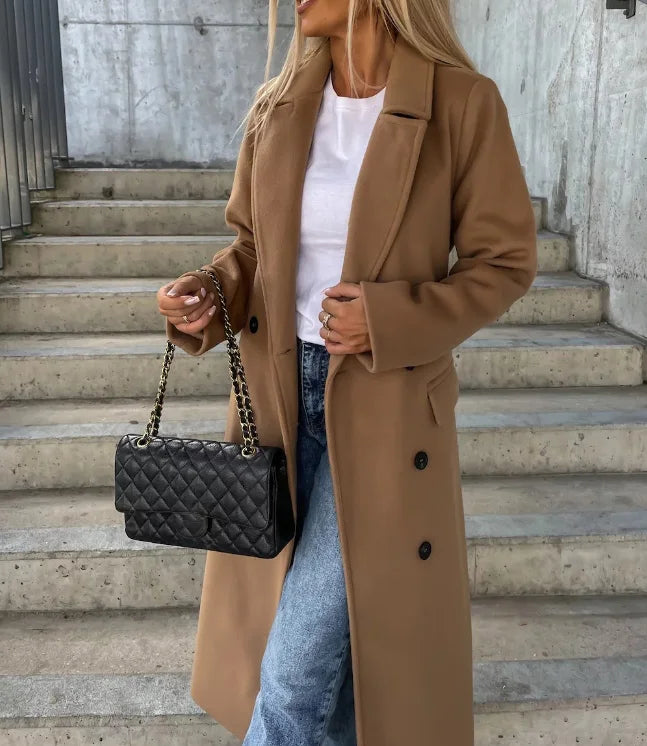 Womens Coat Wool Double-Breasted Long Elegant in Beige – Nia