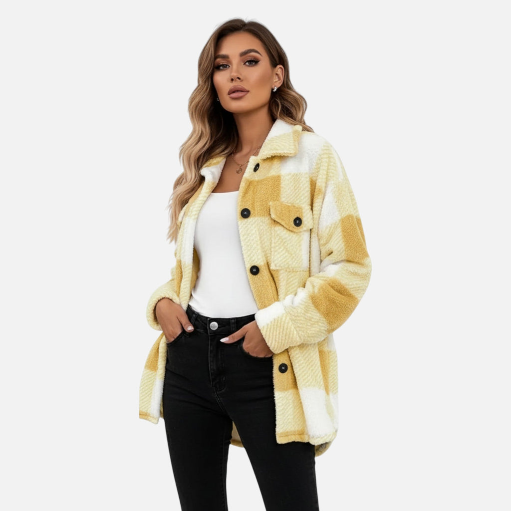 Womens Jacket Sherpa Plush Check Cosy Relaxed – Rae
