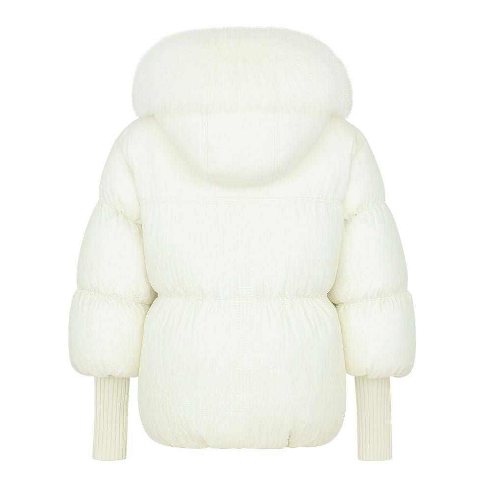 Womens Puffer Jacket Luxury Fox Fur Collar Oversized in White – Roma