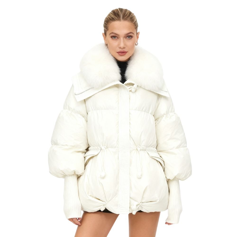 Womens Puffer Jacket Luxury Fox Fur Collar Oversized in White – Roma