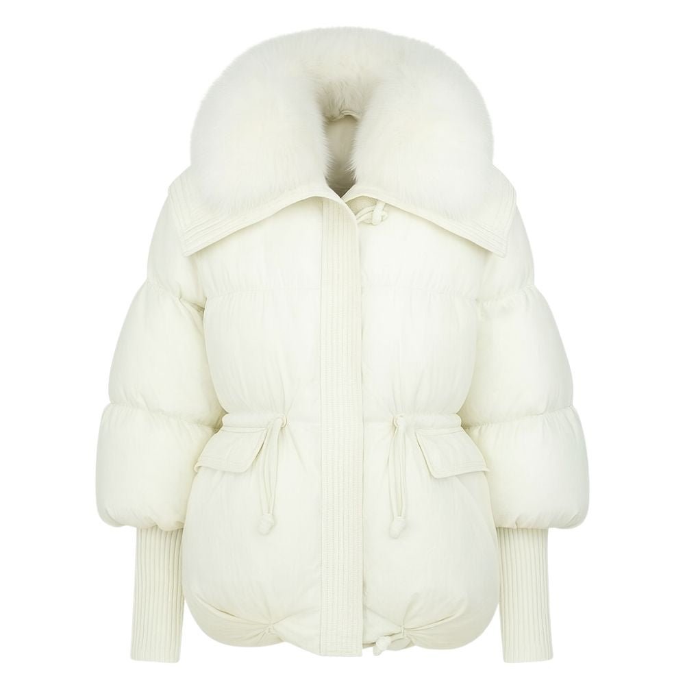 Womens Puffer Jacket Luxury Fox Fur Collar Oversized in White – Roma