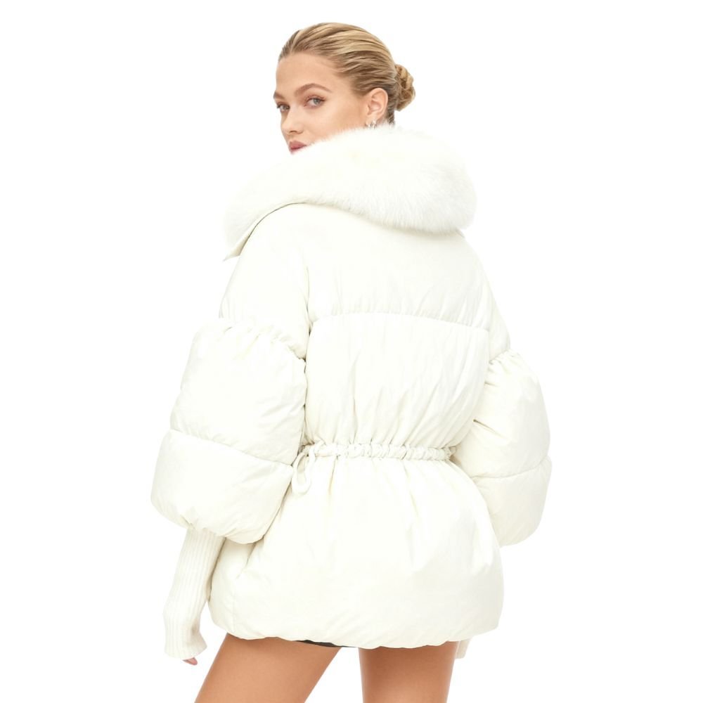 Womens Puffer Jacket Luxury Fox Fur Collar Oversized in White – Roma