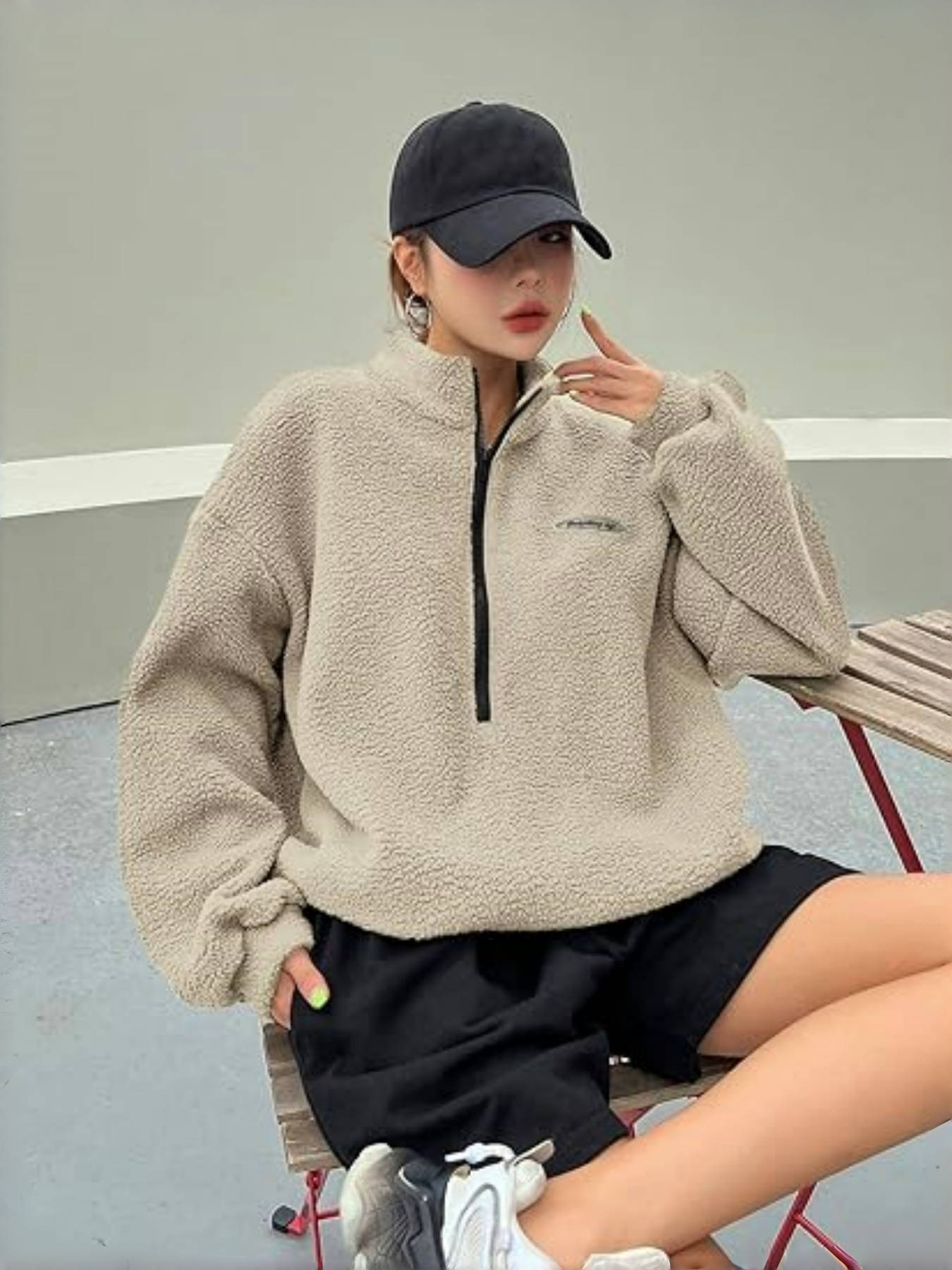 Womens Top Teddy Fleece Half-Zip Oversized Sweatshirt – Tess