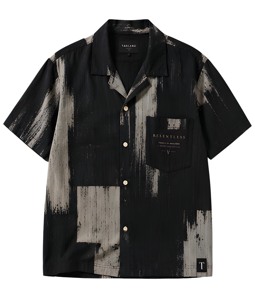 Relentless Brushstroke Camp Collar Shirt - Black | Tarlano