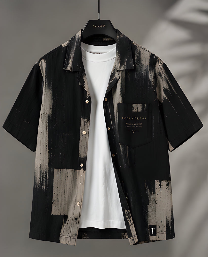 Relentless Brushstroke Camp Collar Shirt - Black | Tarlano