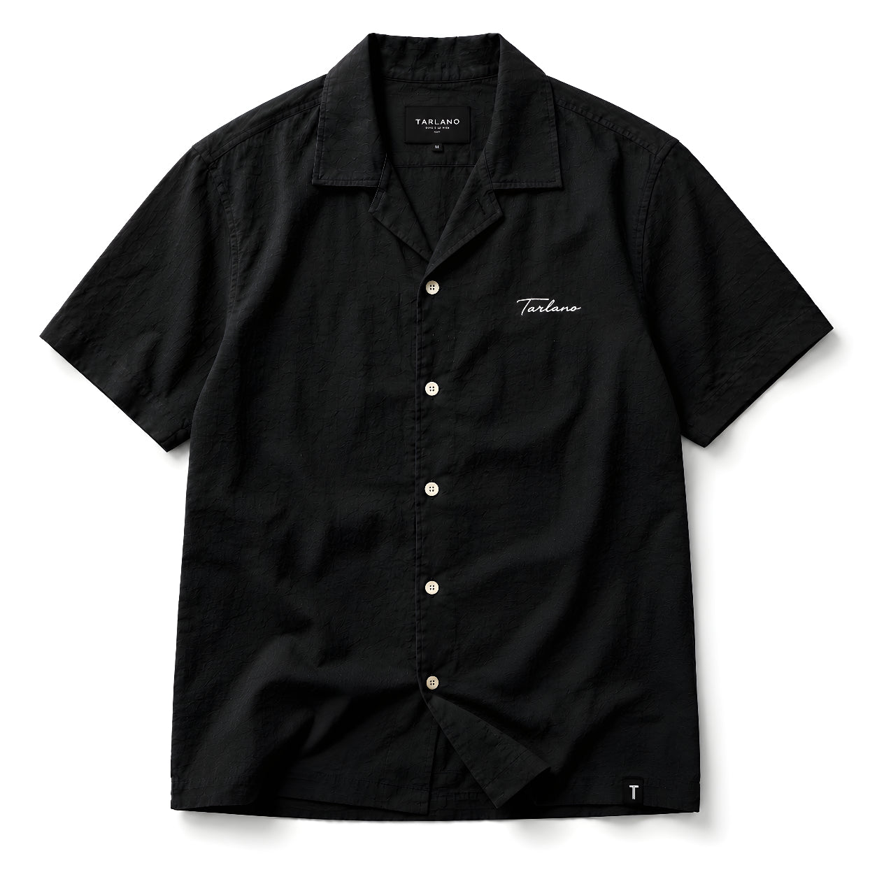 Textured Camp Collar Short Sleeve Shirt - Black | Tarlano