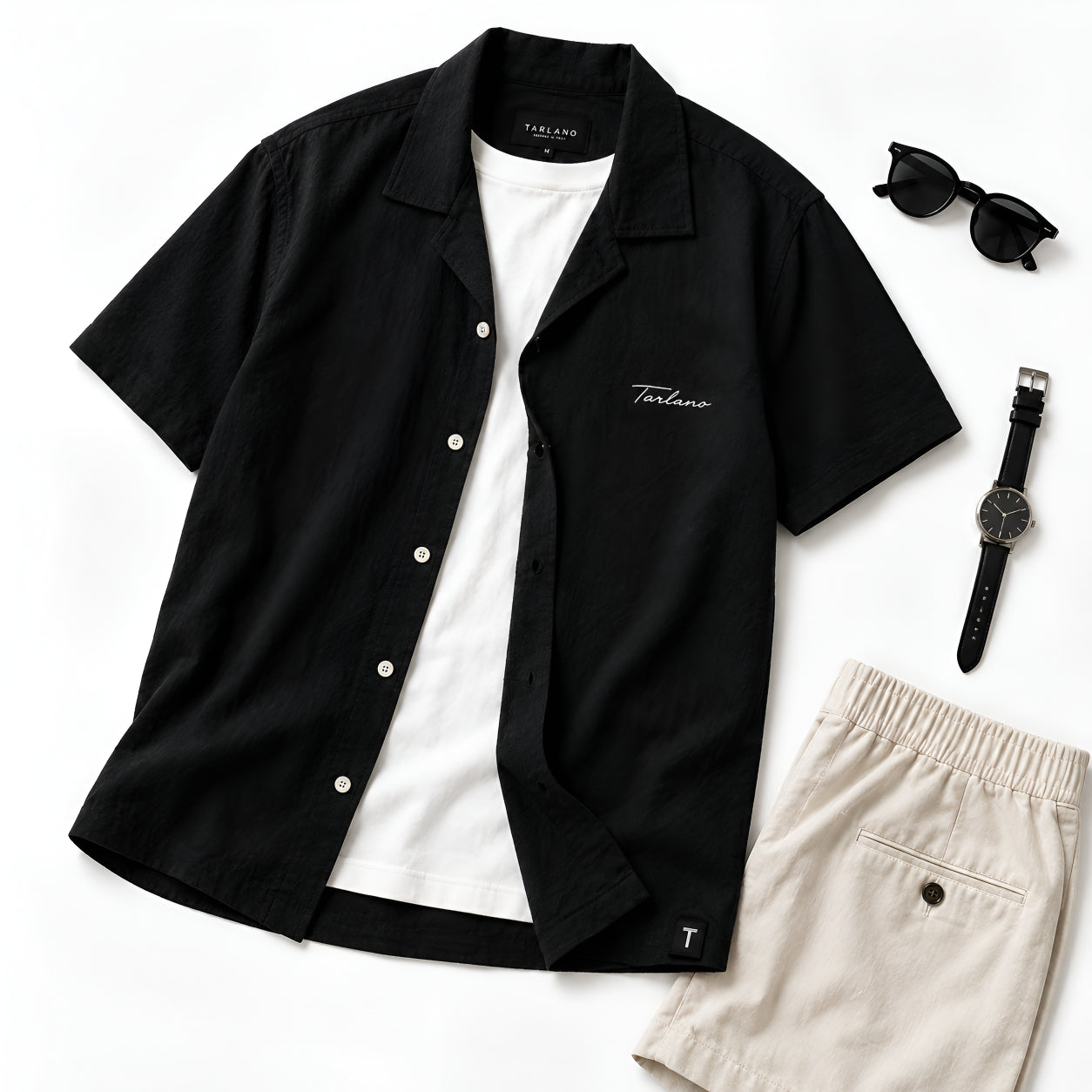 Textured Camp Collar Short Sleeve Shirt - Black | Tarlano