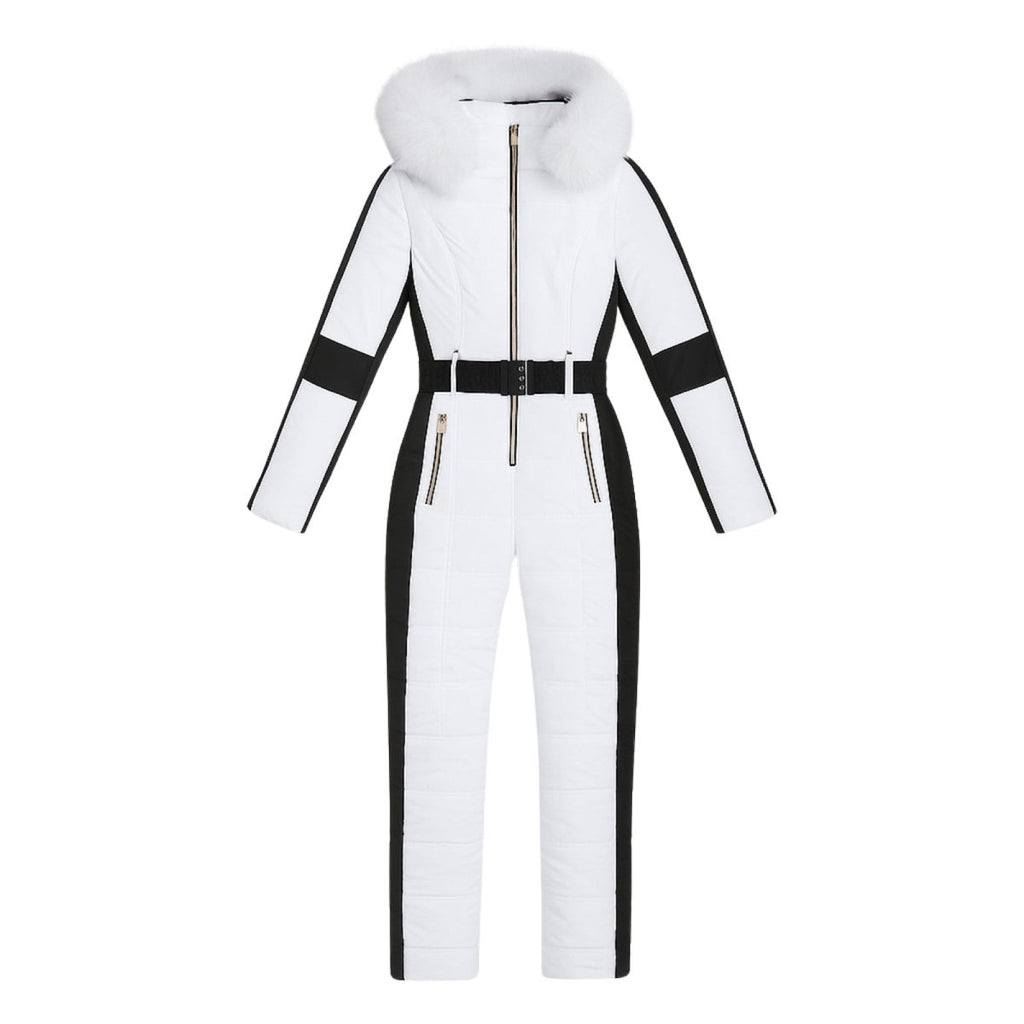 Womens Ski Suit One Piece Waterproof Fox Fur Hood 4-Way Stretch – Viv