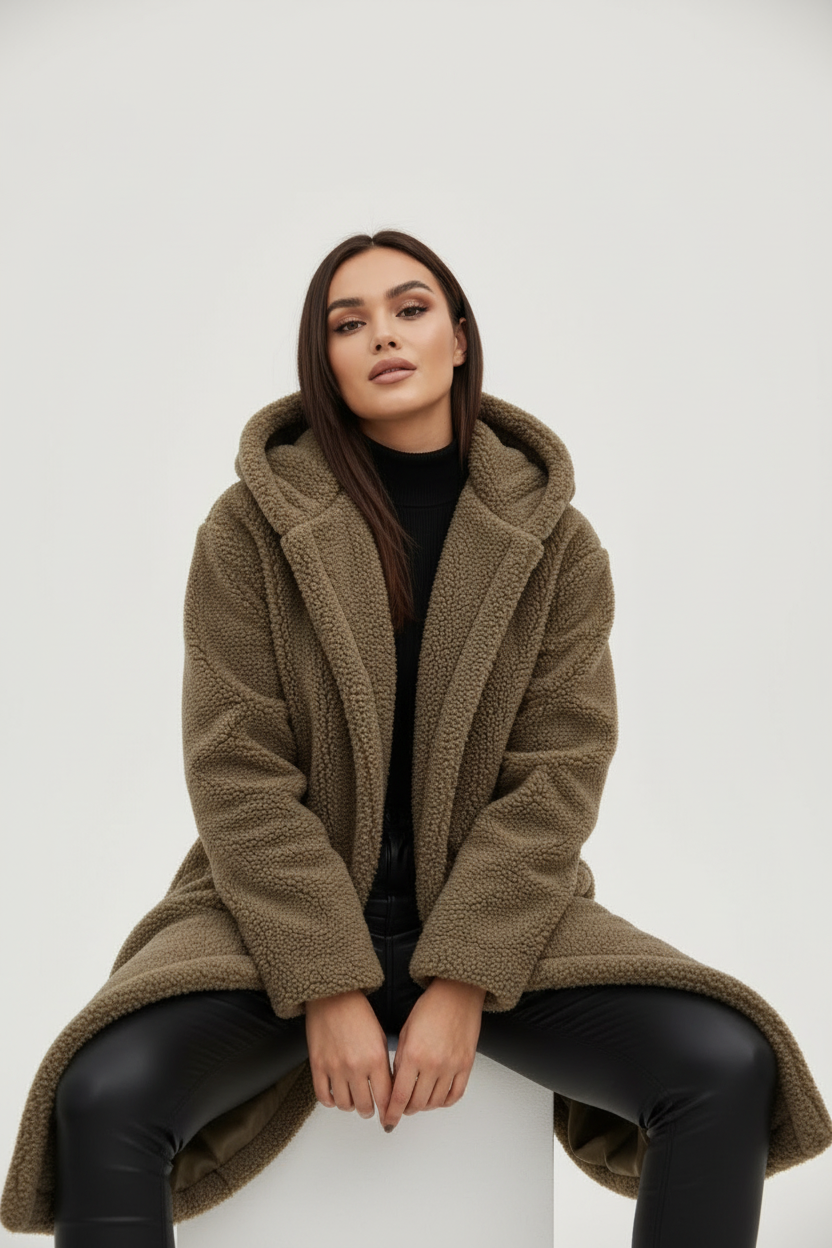 Womens Coat Long Teddy Fleece Luxurious Warm in Beige – Mabel