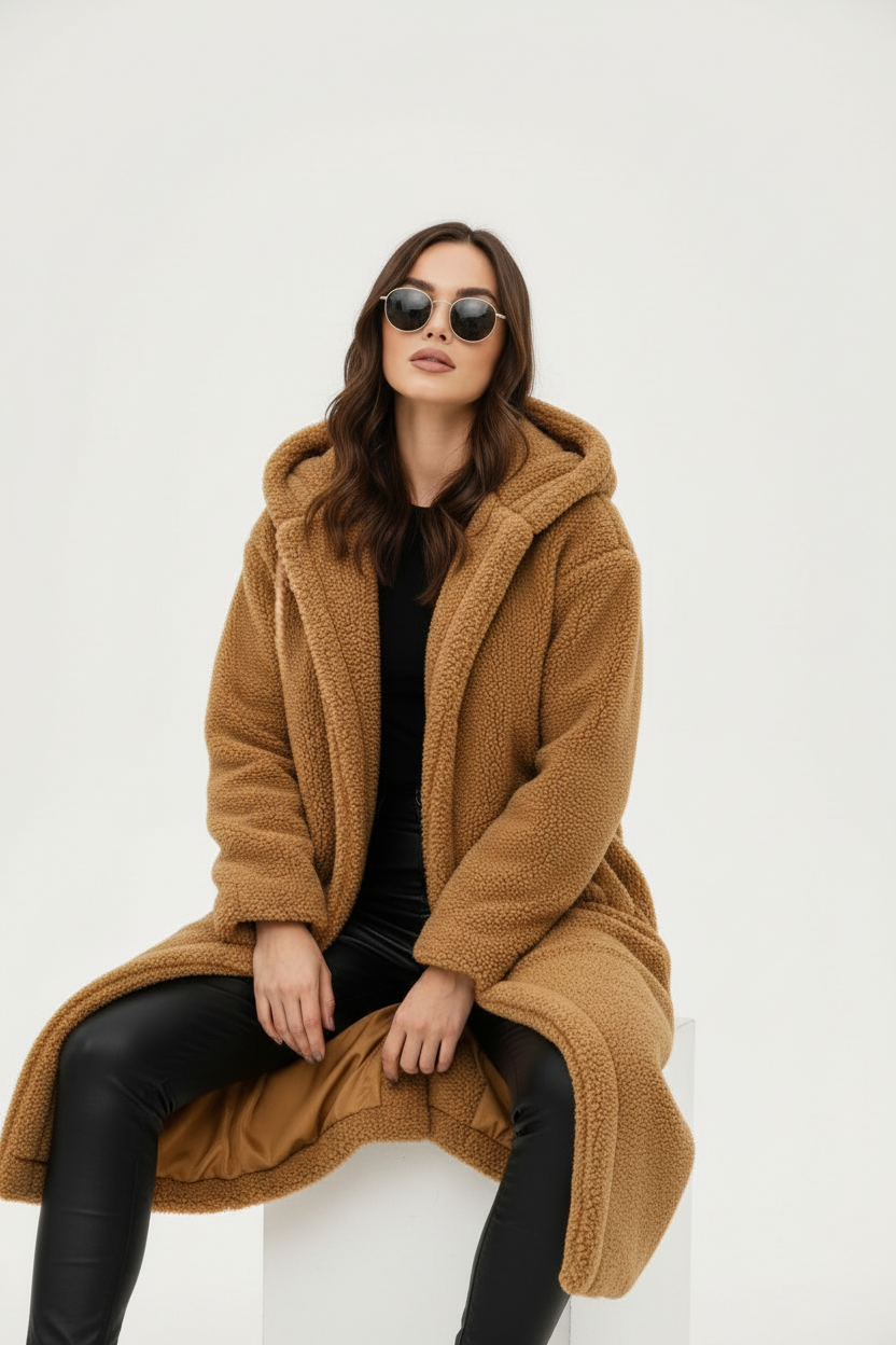 Womens Coat Long Teddy Fleece Luxurious Warm in Beige – Mabel
