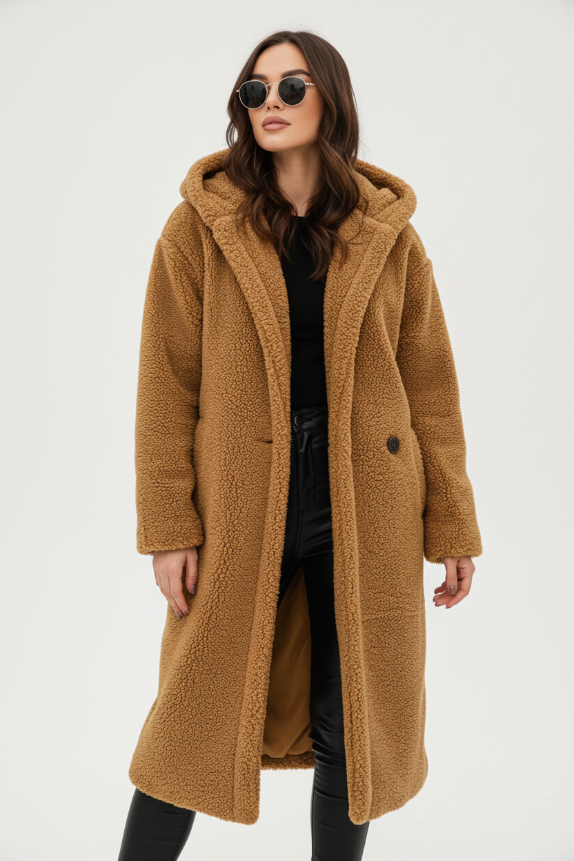 Womens Coat Long Teddy Fleece Luxurious Warm in Beige – Mabel