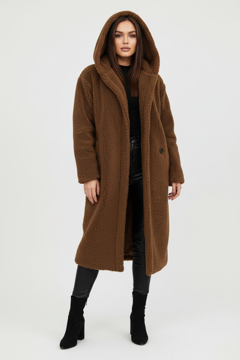 Womens Coat Long Teddy Fleece Luxurious Warm in Beige – Mabel
