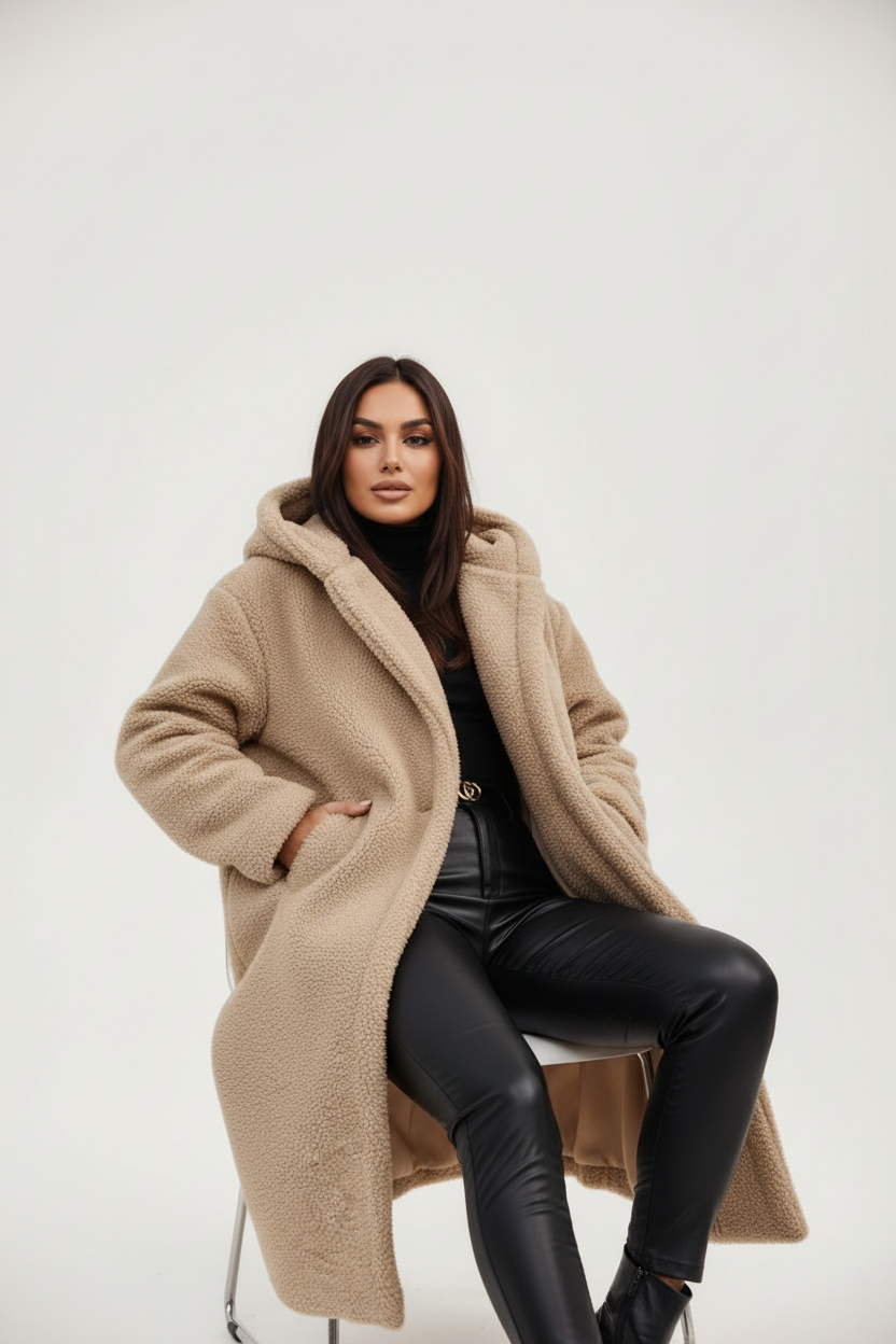 Womens Coat Long Teddy Fleece Luxurious Warm in Beige – Mabel