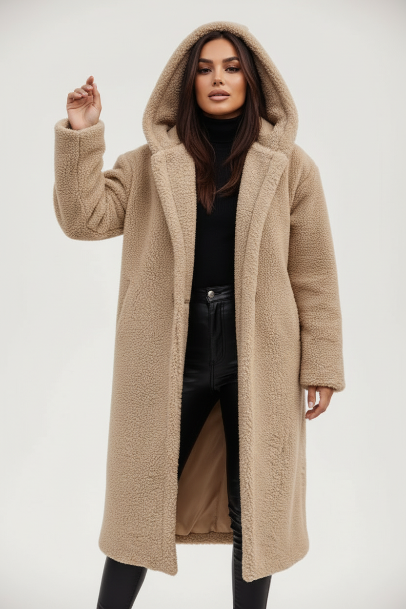 Womens Coat Long Teddy Fleece Luxurious Warm in Beige – Mabel
