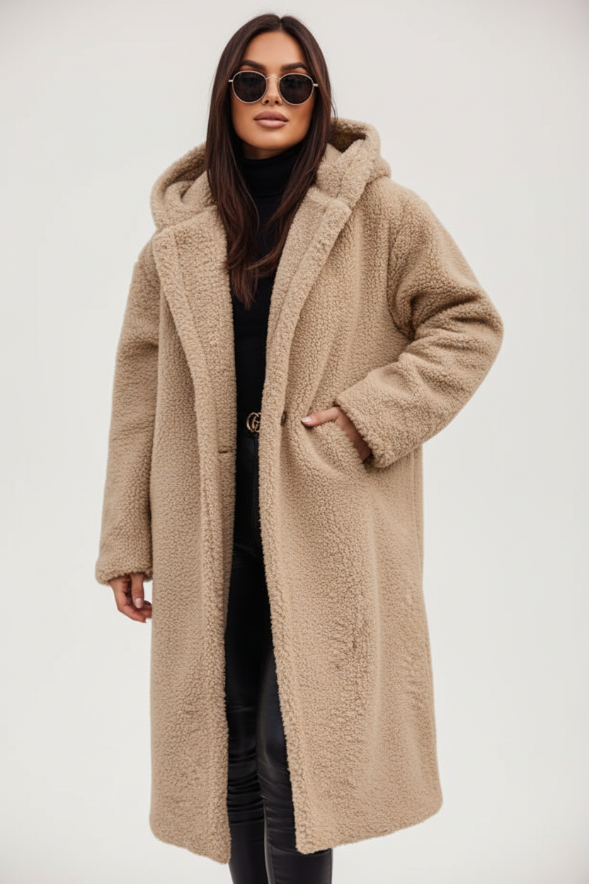 Womens Coat Long Teddy Fleece Luxurious Warm in Beige – Mabel