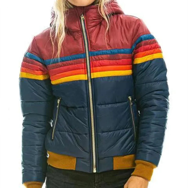 Womens Puffer Jacket Retro Stripe Hooded Insulated in Navy – Blair