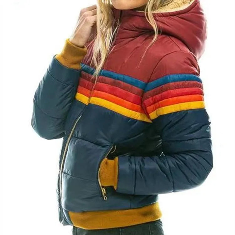 Womens Puffer Jacket Retro Stripe Hooded Insulated in Navy – Blair