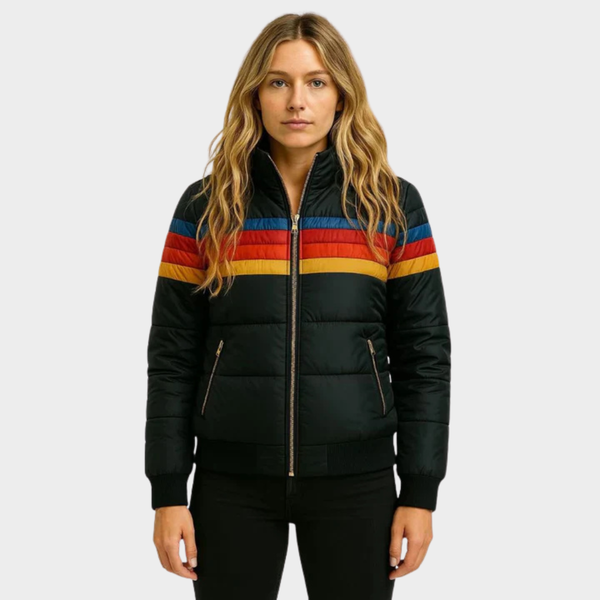 Womens Puffer Jacket Retro Stripe Hooded Insulated in Navy – Blair