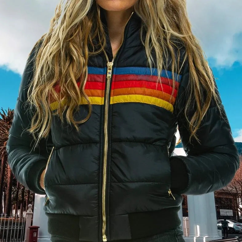 Womens Puffer Jacket Retro Stripe Hooded Insulated in Navy – Blair
