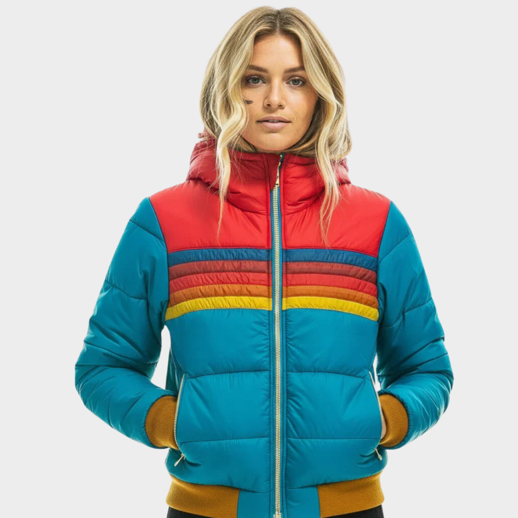 Womens Puffer Jacket Retro Stripe Hooded Insulated in Navy – Blair