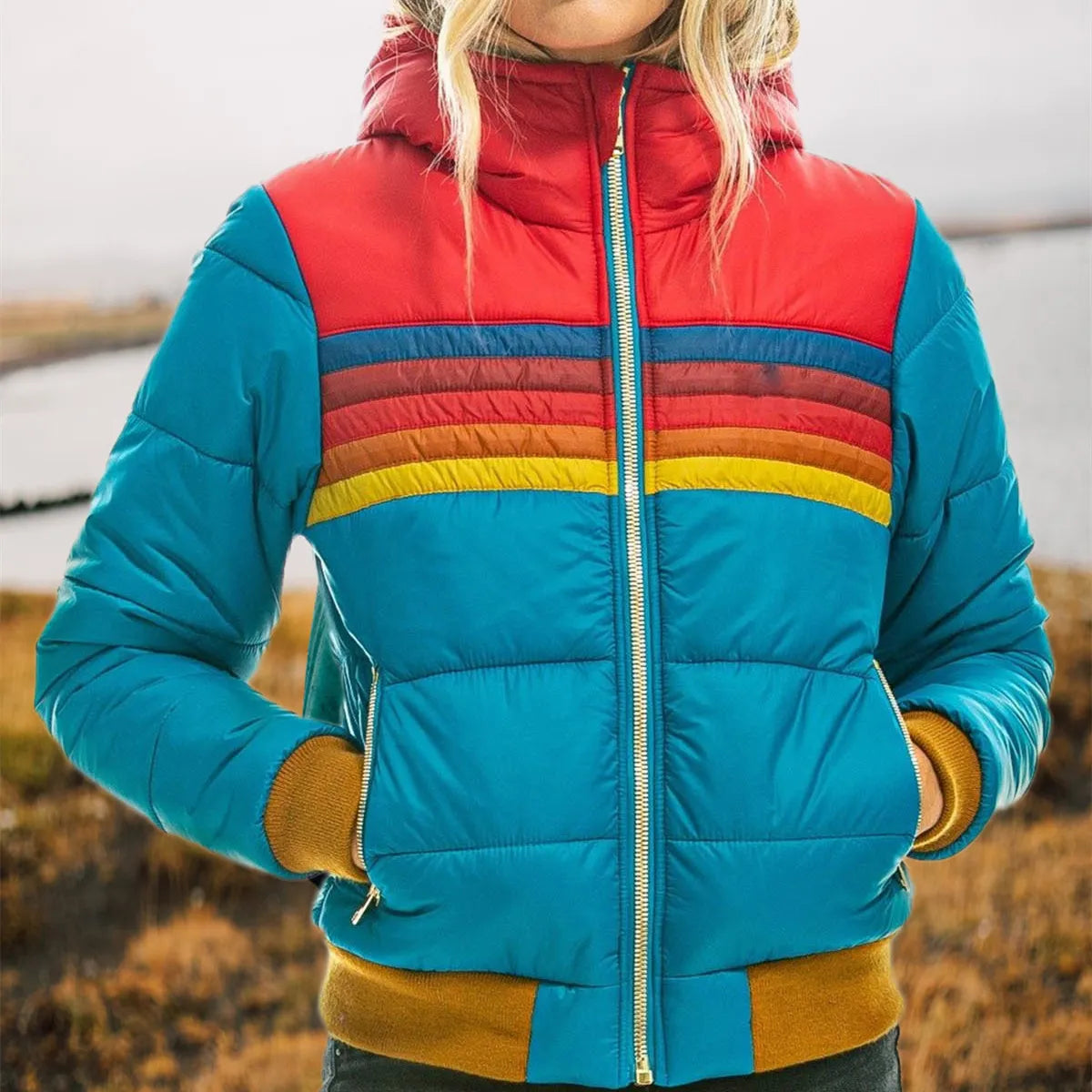 Womens Puffer Jacket Retro Stripe Hooded Insulated in Navy – Blair