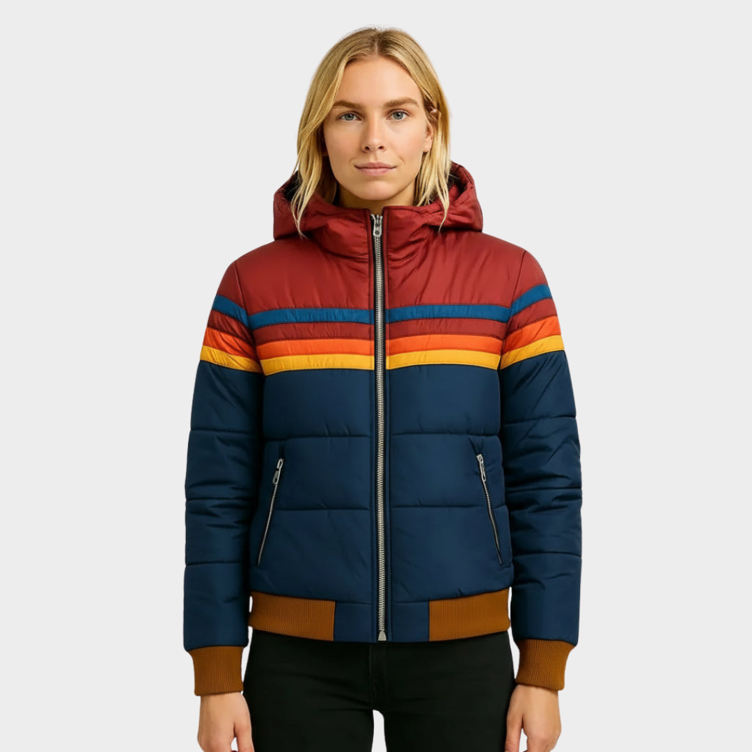 Womens Puffer Jacket Retro Stripe Hooded Insulated in Navy – Blair