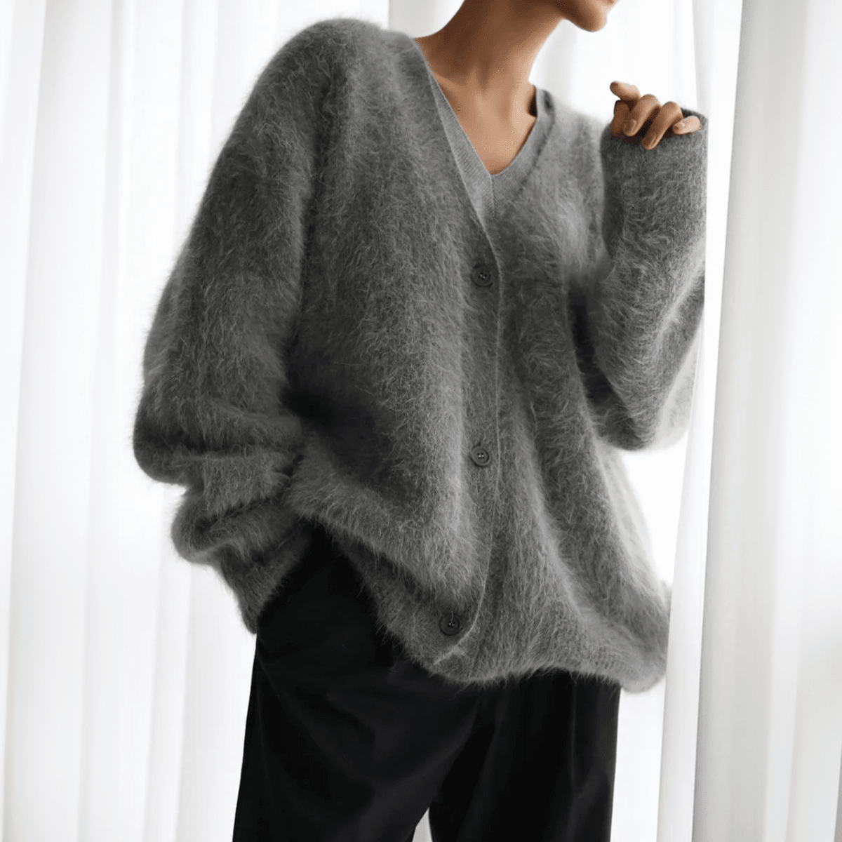 Womens Cardigan Deep V-Neck Oversized Soft Knit Relaxed Fit Black – Elke