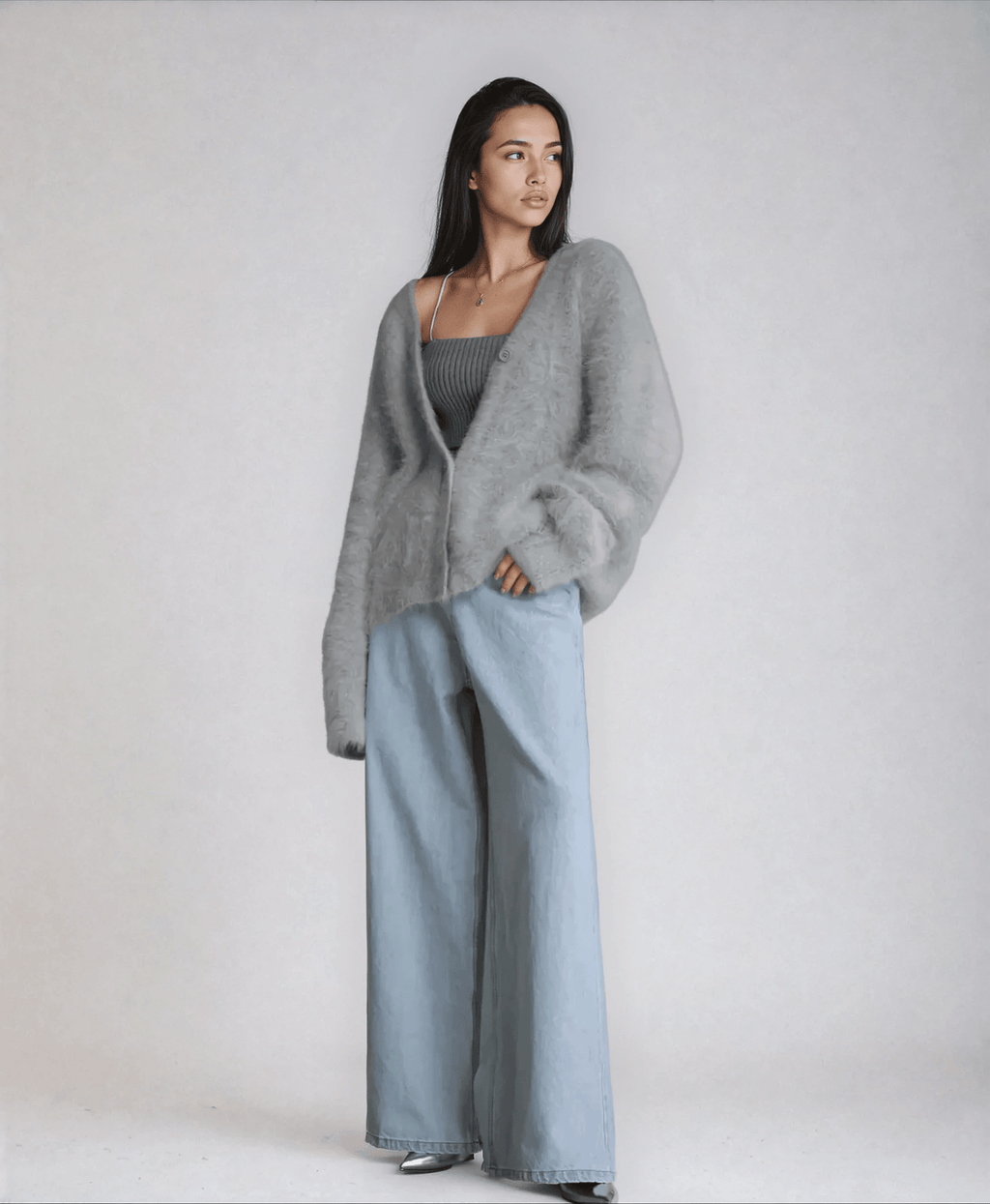 Womens Cardigan Deep V-Neck Oversized Soft Knit Relaxed Fit Black – Elke