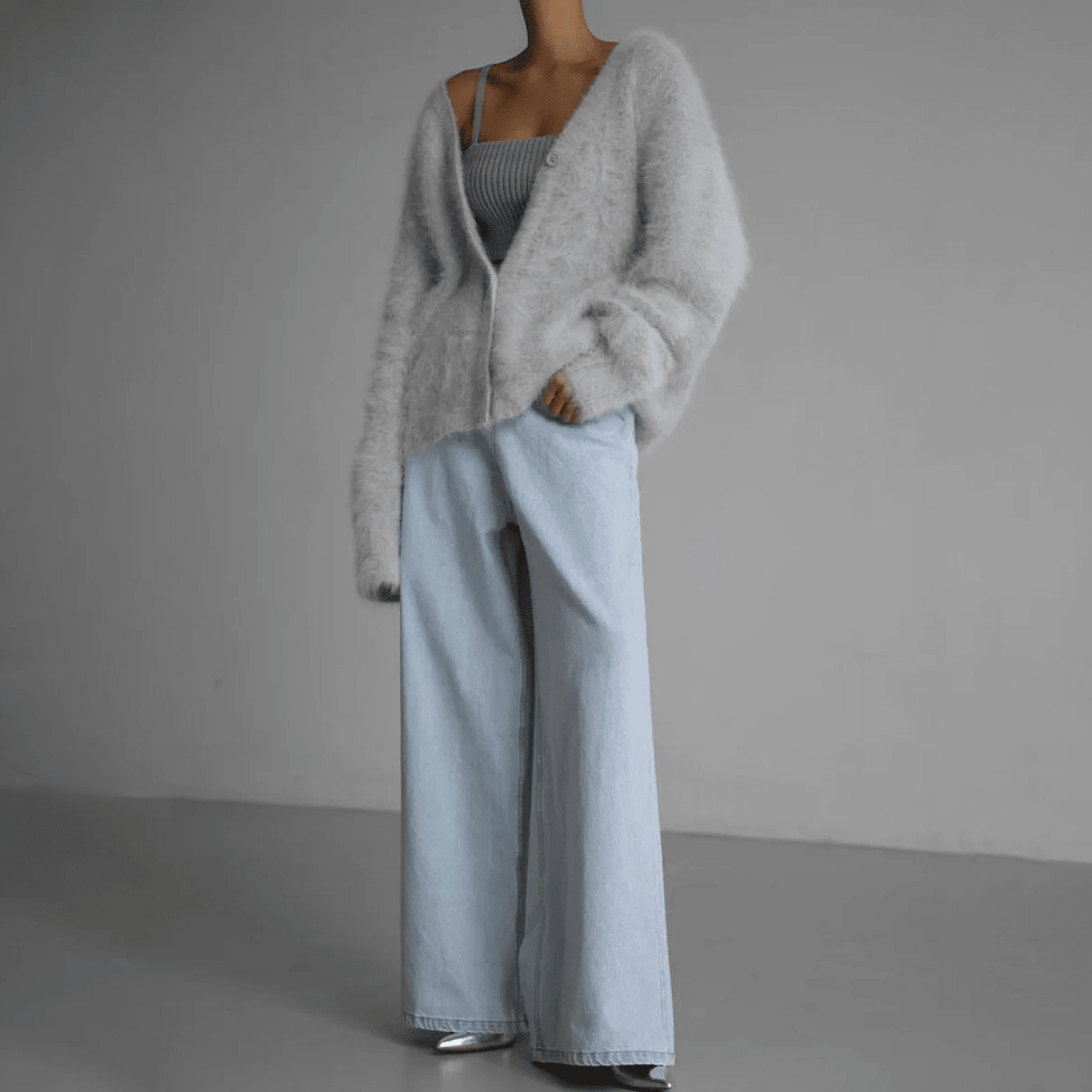 Womens Cardigan Deep V-Neck Oversized Soft Knit Relaxed Fit Black – Elke