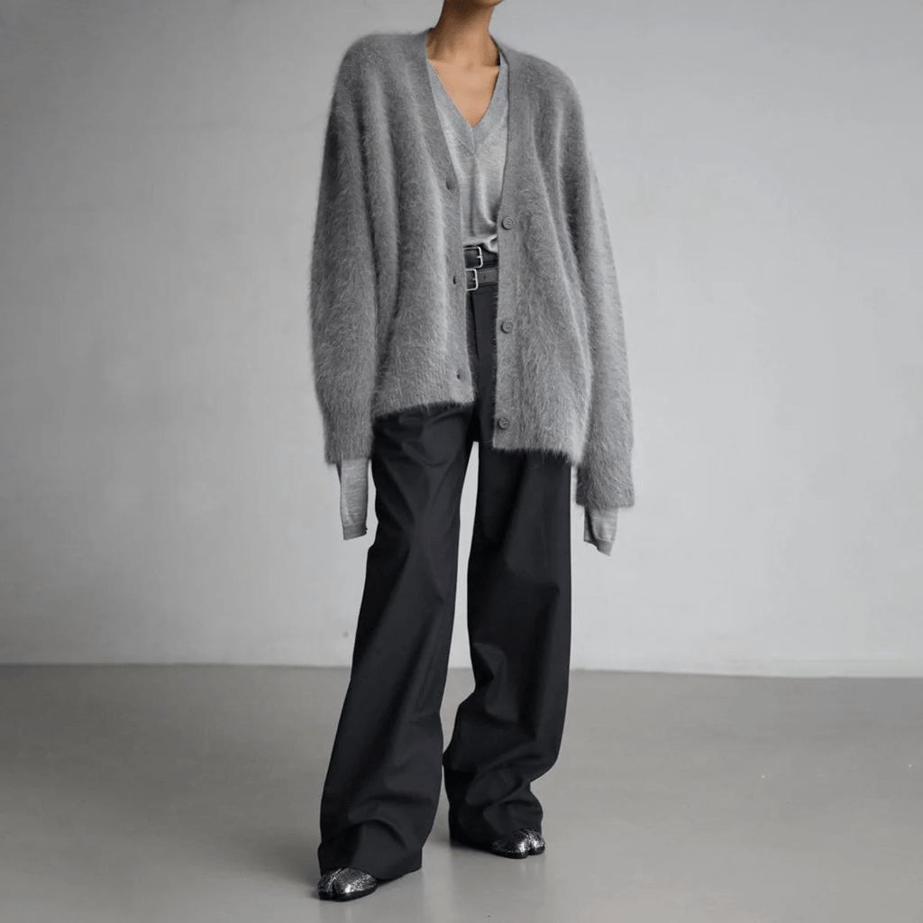 Womens Cardigan Deep V-Neck Oversized Soft Knit Relaxed Fit Black – Elke