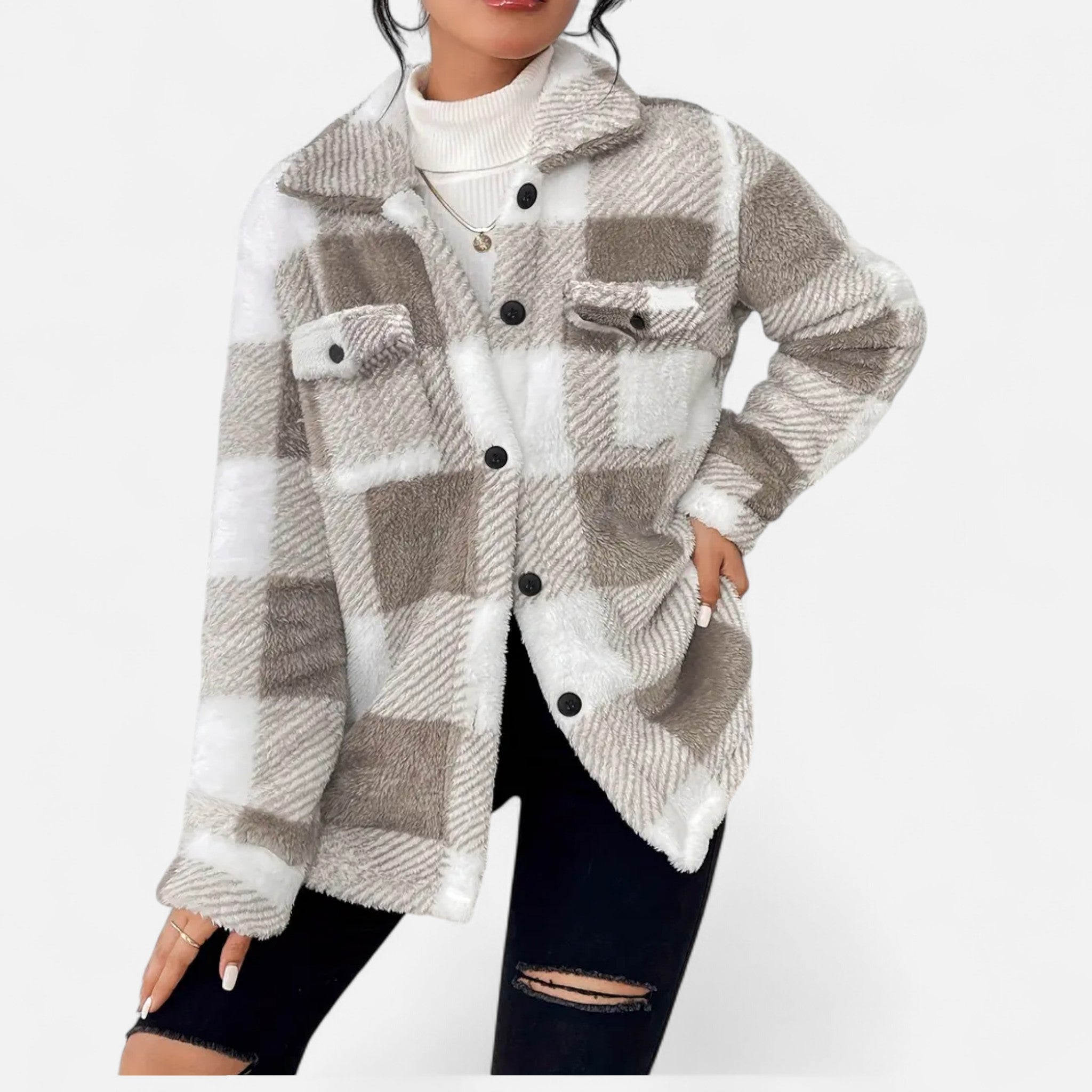 Womens Jacket Sherpa Plush Check Cosy Relaxed – Rae
