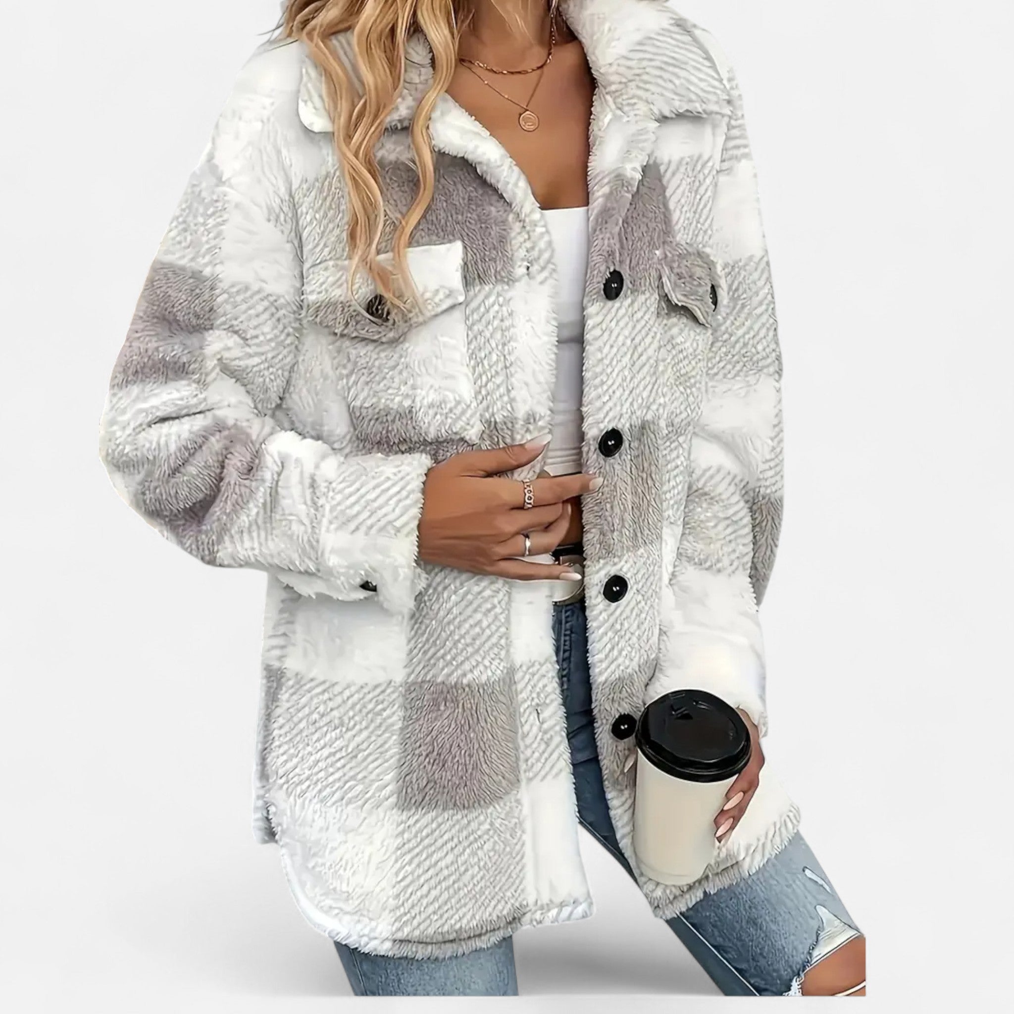 Womens Jacket Sherpa Plush Check Cosy Relaxed – Rae
