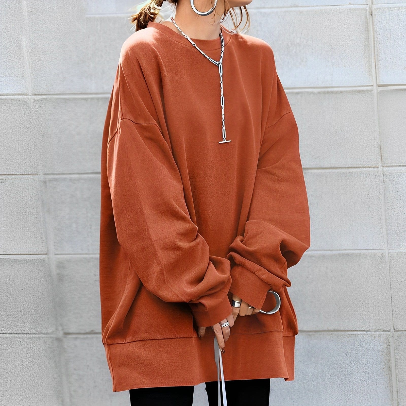 Womens Top Oversized Sweatshirt Cotton Dropped Shoulder in Brown – Mila