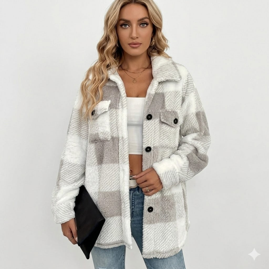 Womens Jacket Sherpa Plush Check Cosy Relaxed – Rae