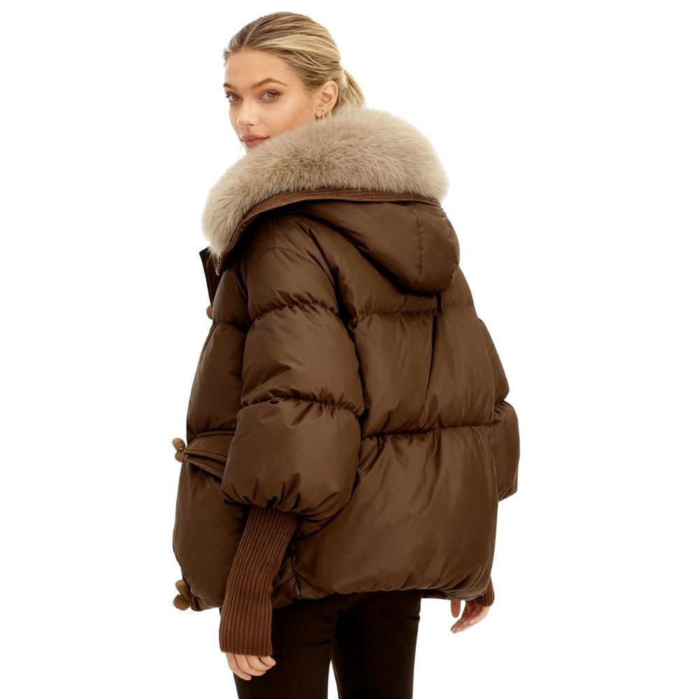 Womens Puffer Jacket Luxury Fox Fur Collar Oversized in White – Roma
