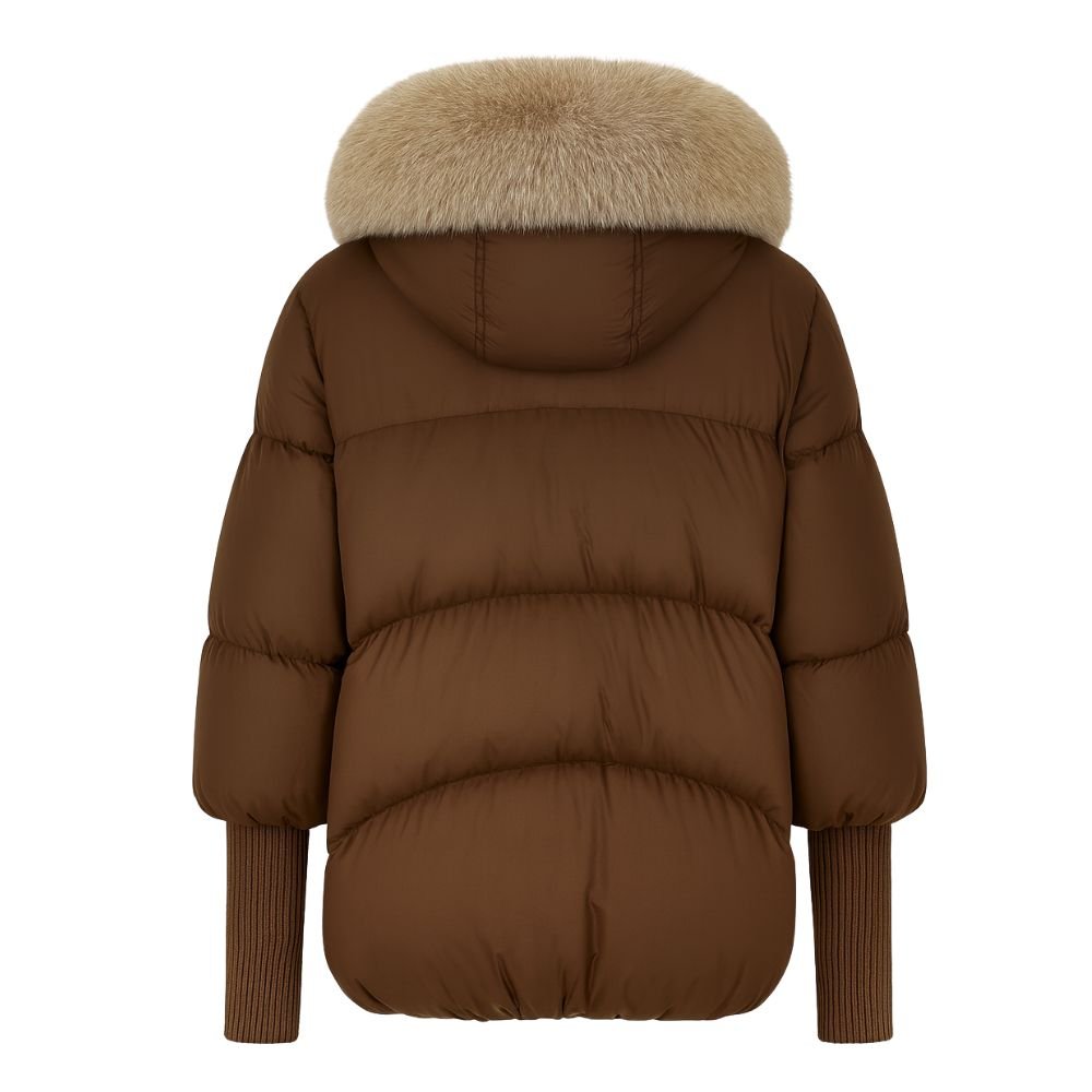 Womens Puffer Jacket Luxury Fox Fur Collar Oversized in White – Roma