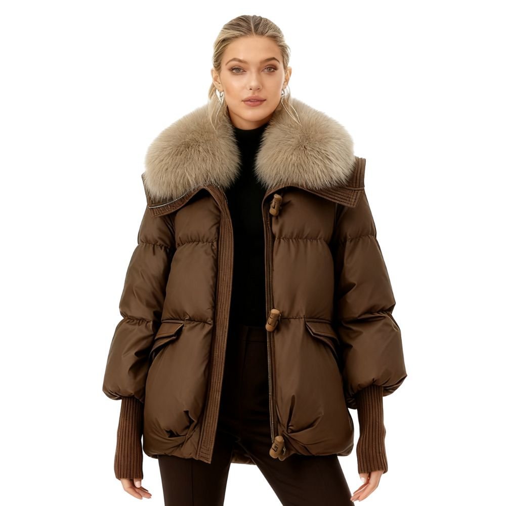Womens Puffer Jacket Luxury Fox Fur Collar Oversized in White – Roma