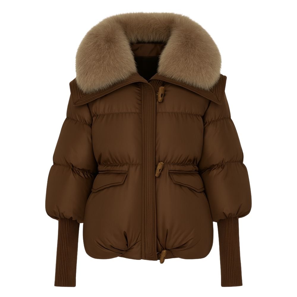 Womens Puffer Jacket Luxury Fox Fur Collar Oversized in White – Roma