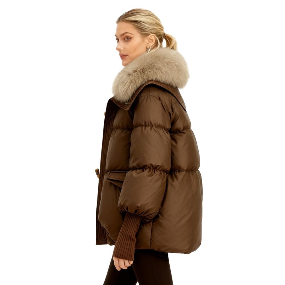Womens Puffer Jacket Luxury Fox Fur Collar Oversized in White – Roma
