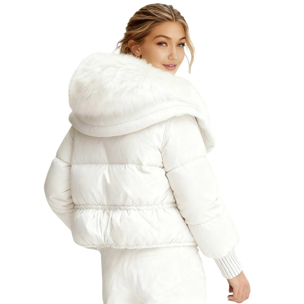 Womens Puffer Jacket Fox Fur Collar Oversized Down Fill in White – Wren