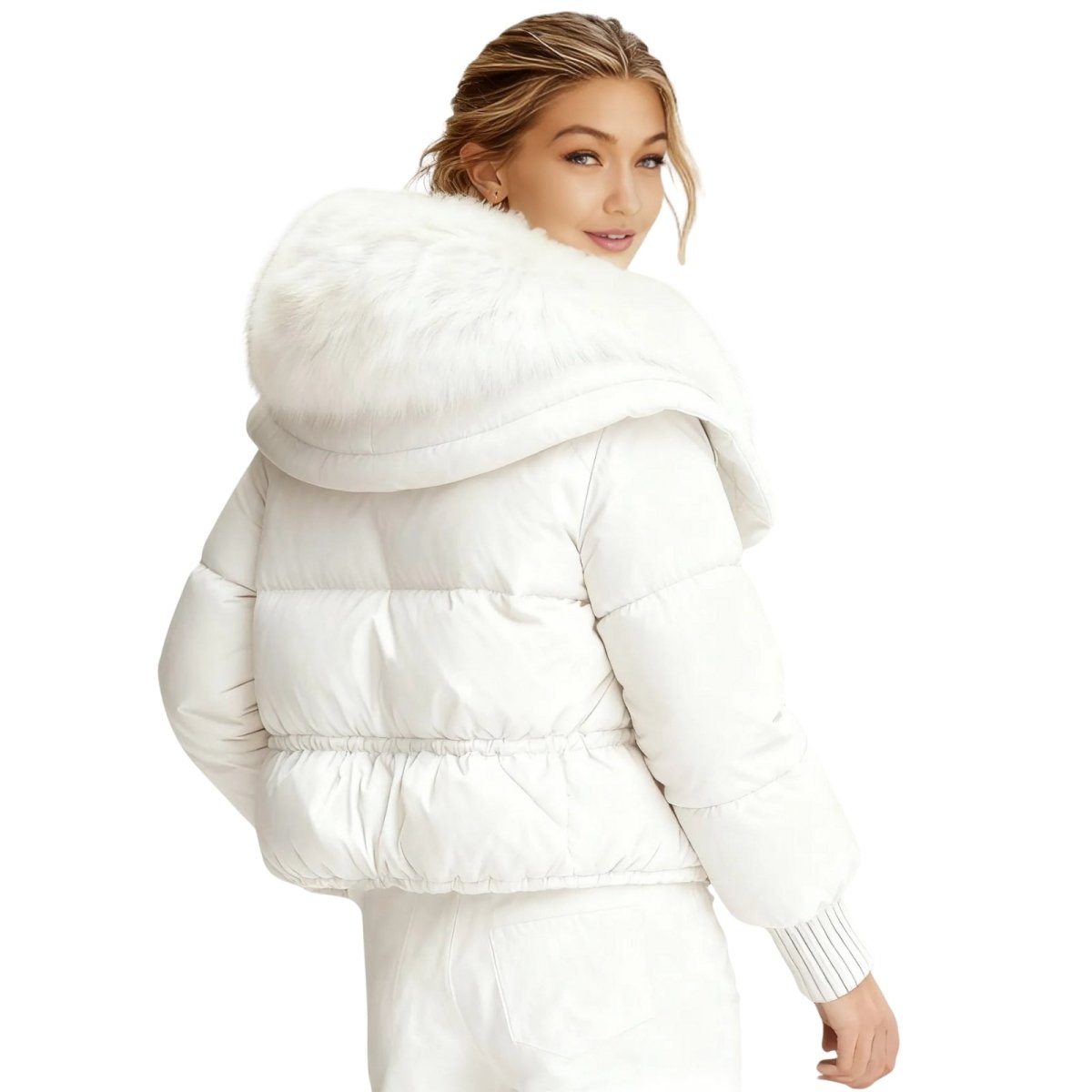 Womens Puffer Jacket Fox Fur Collar Oversized Down Fill in White – Wren