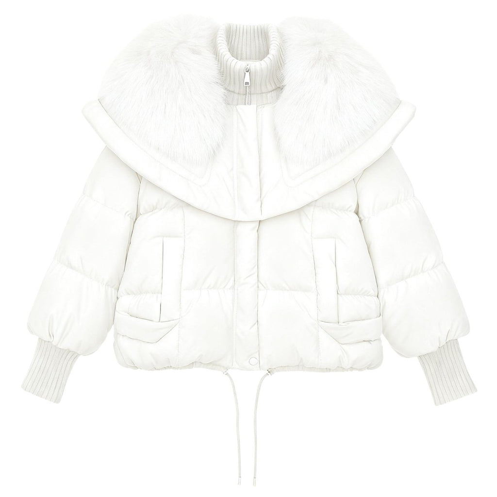 Womens Puffer Jacket Fox Fur Collar Oversized Down Fill in White – Wren