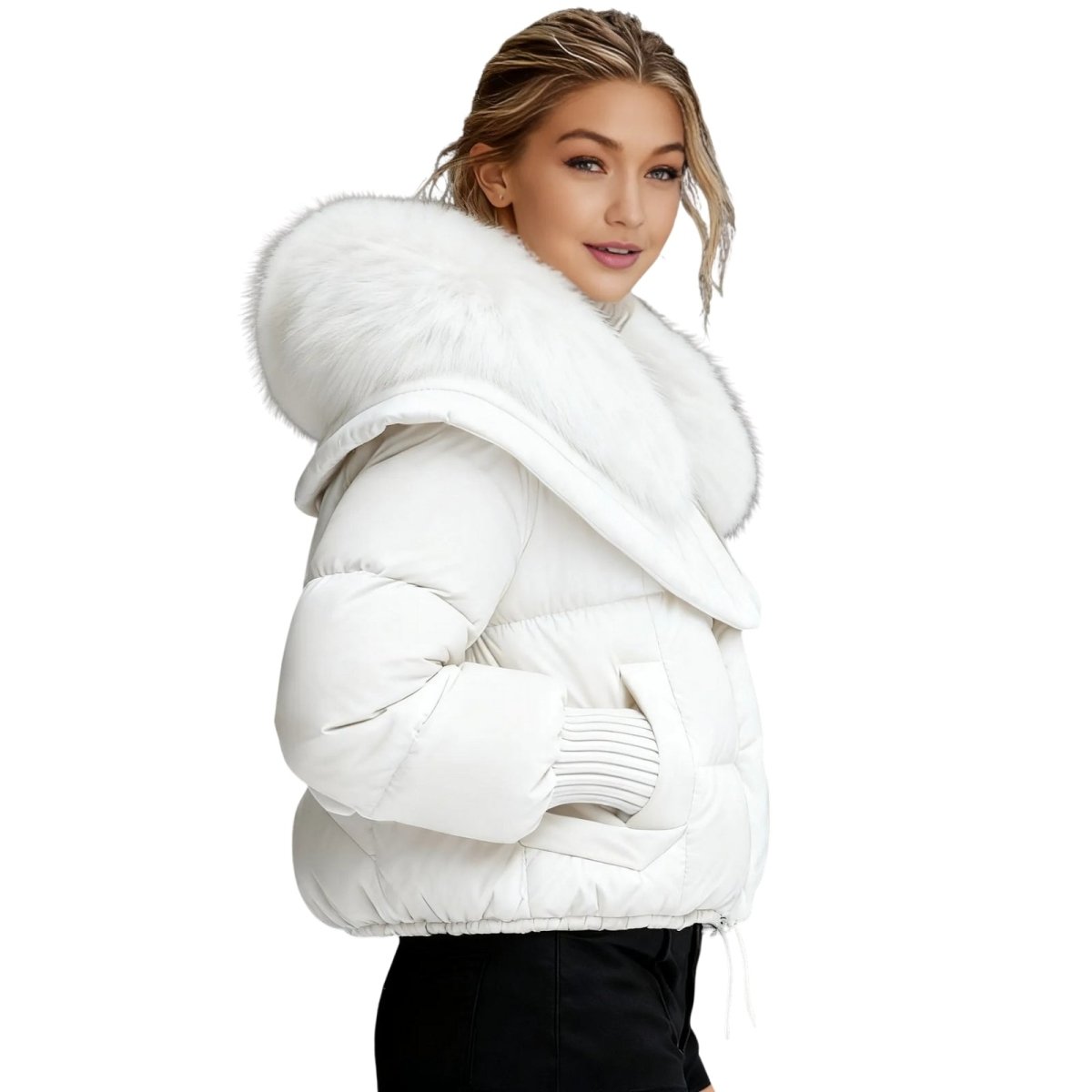 Womens Puffer Jacket Fox Fur Collar Oversized Down Fill in White – Wren